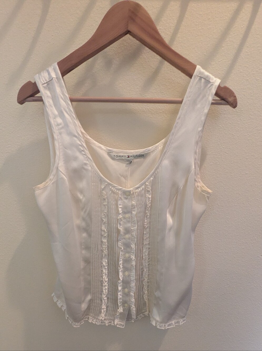 Tommy Hilfiger Pure Silk Milkmaid Women's Tank Ruffle Pintuck Cami Cream - Picture 3 of 5